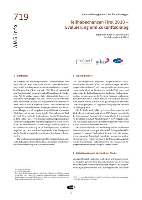 Kurzfassung einer Studie des AMS Tirol zu den Bedarfen Sozialer Unternehmen